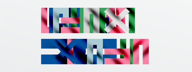 Wall Mural - Abstract colorful blocks form text. Letters overlap, creating dynamic visual effect. Minimalist design, clean background.