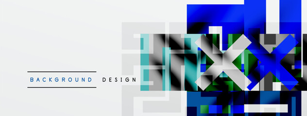Wall Mural - Abstract geometric design. Blue squares overlap gray lines creating modern background. Minimalist style, clean aesthetic.