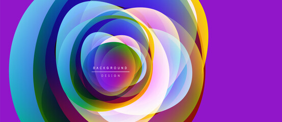 Wall Mural - Abstract colorful circles overlap creating dynamic visual effect. Purple background enhances vibrant hues, modern design element.