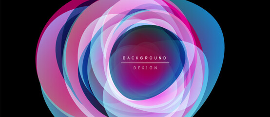 Wall Mural - Abstract vibrant layers create circular design. Pink, blue hues blend, forming dynamic visual effect. Modern, stylish background element.