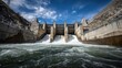 © Artittaya - Water Flowing Power Plant Dam Against Blue Sky with Clouds and Rocky Terrain in the Background