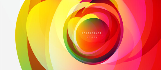 Wall Mural - Abstract colorful layers create dynamic circular design. Vibrant hues blend, forming modern background element. Text reads background design.