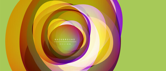 Wall Mural - Abstract colorful circles overlap, creating dynamic visual effect. Light yellow, orange, purple hues dominate design. Background is pale green.