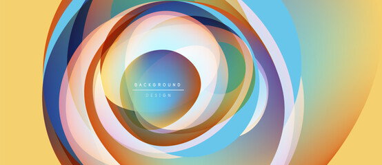 Wall Mural - Abstract circular design. Concentric layers create dynamic visual effect. Colors blend, forming modern background. Text reads background design.