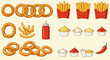© Rama - Cartoonstyle food set fries onion rings sauces ketchup bottle and a chili pepper on a light background