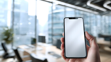 Smartphone mockup in hand, blurred office background, realistic reflections on screen

