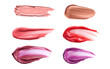 © Ladislav - photograph of six vibrant cosmetic makeup swatches, showcasing different textures and shades of pink, nude, red, and purple lipstick or lip gloss products.