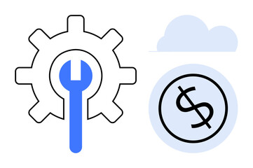 Wall Mural - Gear and blue wrench symbolizing optimization beside a dollar sign in a cloud. Ideal for finance, technology, maintenance, cost management, strategy, investment, cloud solutions. A simple flat