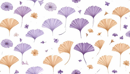 Naklejka na meble Watercolor pattern of fan-shaped and small flowers in shades of purple, beige, and white