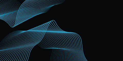 A dynamic and abstract digital design with flowing blue waveforms against a dark background,smooth, curving lines and dotted patterns that create a sense of movement and energy.