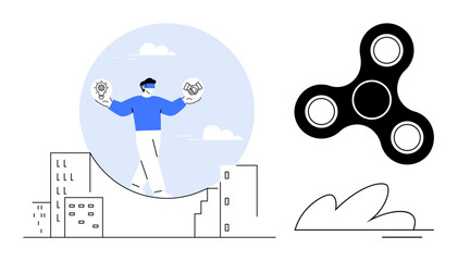 Man walking on curved structure holding lightbulb and handshake representing ideas and collaboration. Fidget spinner and abstract elements. Ideal for balance, creativity, partnership, innovation