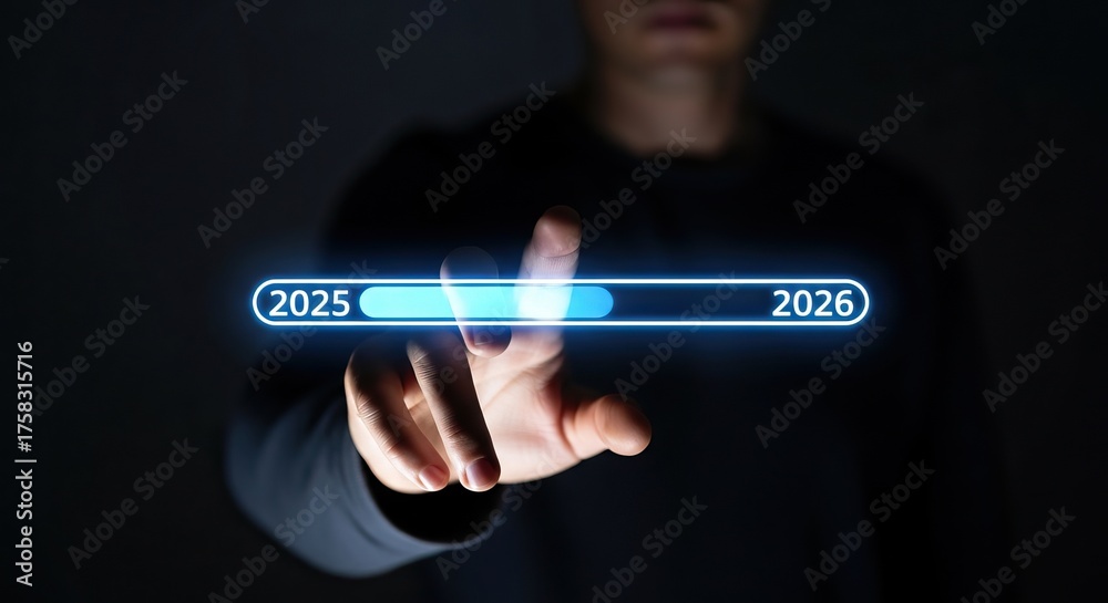 A person interacts with a digital progress bar years 2025 to 2026, time ...