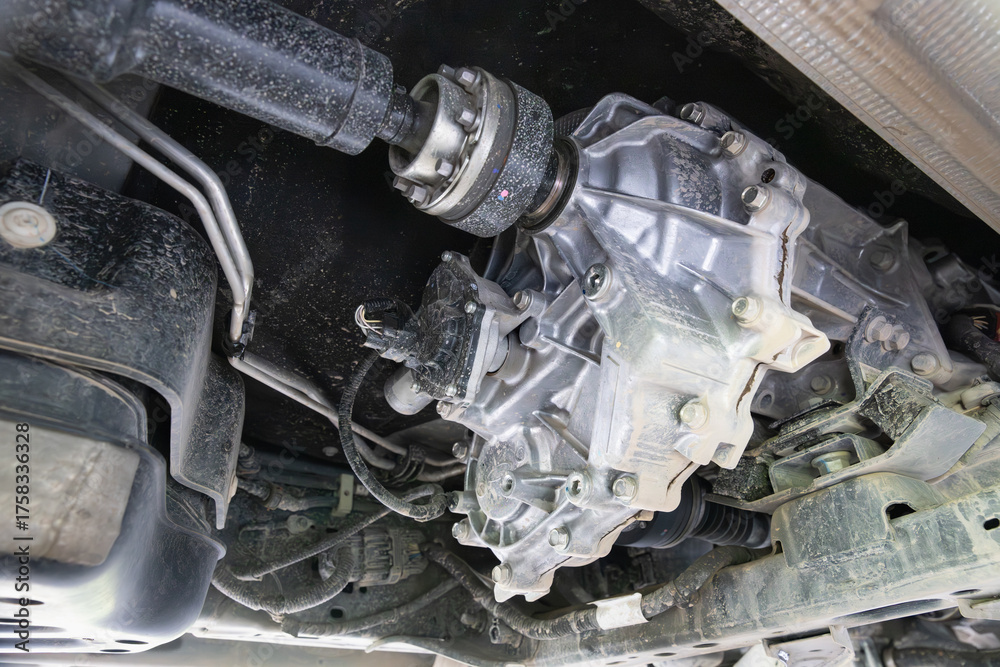 CV joint shaft and Transfer case 4WD shift motor of SUV. Stock Photo ...