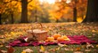 © Naga - Autumn picnic scene with pumpkin basket squirrel on red checkered blanket