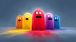 © Nataliia_Trushchenko - A group of colorful monsters are standing in a pile of colorful powder. The scene is bright and cheerful, with the monsters looking surprised and curious. The colorful powder adds a playful
