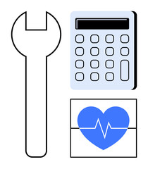 Wall Mural - Wrench, basic calculator, and heart with pulse graph symbolizing repair, calculation, and health monitoring. Ideal for business, healthcare, repair analysis fitness finance technology. Minimal