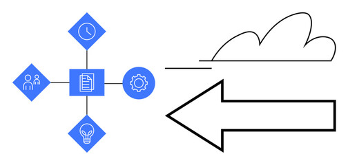 Geometric diagram with team, clock, document, gear, bulb icons linked in a network, next to a cloud and arrow symbol. Ideal for organization, strategy, planning process analytics teamwork