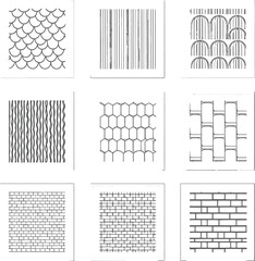 Texture pattern icon set with fish scales, honeycombs, bricks, arches, lines, and grids in minimal black line style