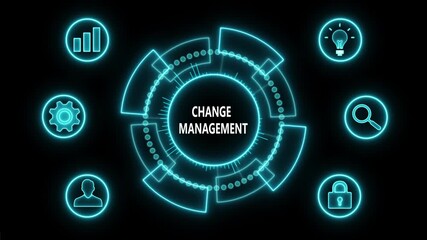 Glowing Neon line CHANGE MANAGEMENT business and technology concept. Financial success concept of virtual screen. Business, Technology, Internet and networking concept. 4k video