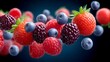 © Nataliia_Trushchenko - Bunch of berries, including blueberries and raspberries, are floating in the air. Concept of freshness and abundance, as the berries are scattered throughout the frame