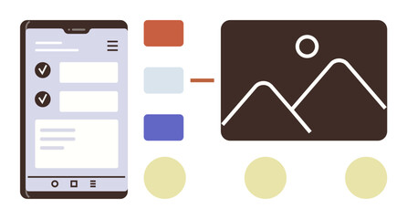 Smartphone screen displaying app UI with image, colors, and checklist. Ideal for app development, UIUX, digital design, mobile technology, web engineering, creative workflow simple flat metaphor