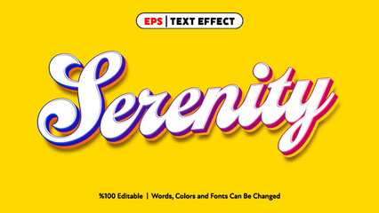 Serenity text effect with colorful shadow and editable style on bright yellow background vector design