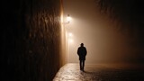 depression trauma solitude concept. Mysterious figure walking alone in foggy street illuminated by streetlights.