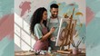 © OlgaNeuroArt - A smiling diverse couple enjoys a creative painting date in an art studio. Man and woman bonding over a shared hobby on a canvas. Valentine's Day activity concept