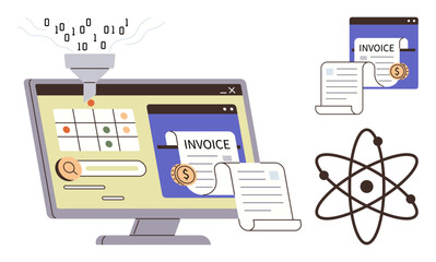 Wall Mural - Computer screen managing invoices, data funneling into grid system, atomic design concept. Ideal for finance, automation, organization, technology, digital tools efficiency innovation. Simple flat