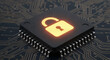 © prabu - Illuminated open padlock icon on a microchip, set against a dark circuit board, symbolizing digital security vulnerability, data breach risks, and cybersecurity threats in modern technology