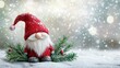 © DruZhi Art - Christmas Gnome in a Red Hat Sitting in Snow With Falling Snowflakes a Festive Winter Background