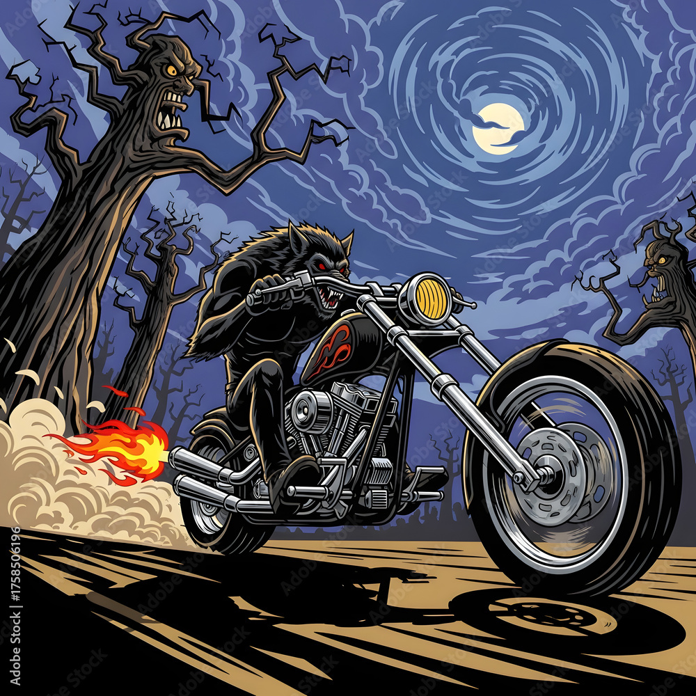 Fearsome werewolf-like rider on a powerful custom chopper motorcycle ...