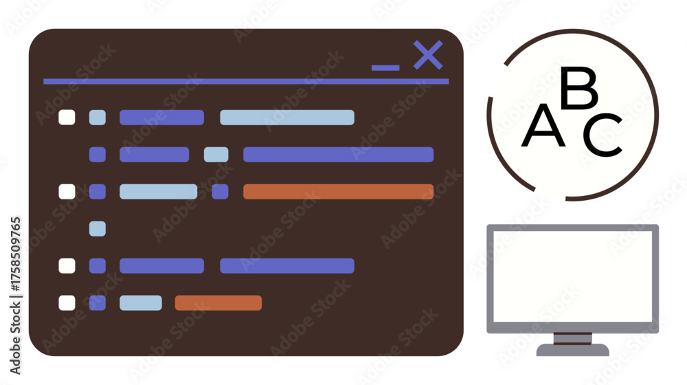 Coding interface with lines, computer monitor, and alphabet circle ...