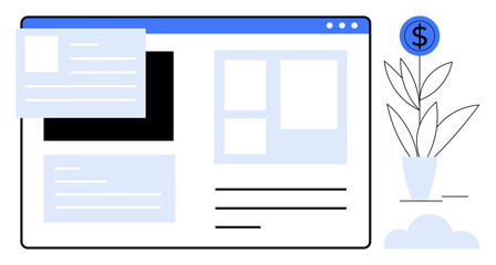 Website interface with popup window and outlined content blocks paired with a growing plant featuring a dollar sign. Ideal for web design, online business, growth, investment, technology, success