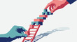 © Digitraz - Two hands work together to construct a rising staircase of blocks, symbolizing teamwork, support, and successful progressive development.