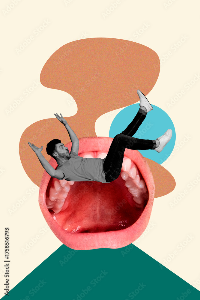Composite zine pop trend collage of shocked man fall mouth cavity bite ...
