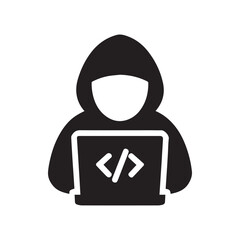 Cybersecurity hacker icon representing digital threat anonymous coder with laptop and code symbol for online security and data breach concepts silhouette