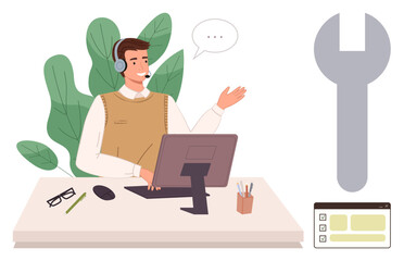 Wall Mural - Male support agent wearing a headset and using a computer to assist clients. Includes a large wrench symbol, plant, and desktop tools. Ideal for service, help desk, technology, communication, online