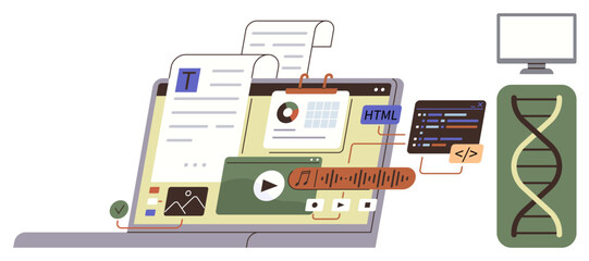 Open laptop interface with documents, charts, HTML code, video, and audio files, accompanied by DNA strand and external monitor. Ideal for technology, programming, research coding design