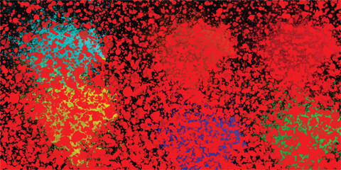 Wall Mural - Vibrant abstract splatter paint background with red dominant hues and scattered colorful bursts of turquoise yellow blue and green against a dark textured backdrop