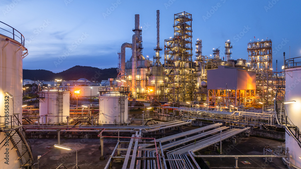 Oil and Gas refinery plant at night, Global business energy logistic ...
