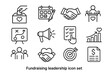 © Настя Шевчук - Fundraising Icon Set. Fundraising leadership. Line icon set of Fundraising leadership: donation box, event planning, sponsor handshake, campaign, strategy