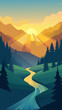 © RADHA RANI - Serene mountain valley sunrise with winding river and evergreen trees