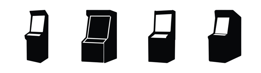 Four retro arcade cabinet mockups displayed in a line from different angles for game room design