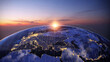 © HoneyStock - Sunrise over the earth, showing city lights and clouds satellite