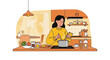 © Freda - Illustration of a woman cooking at home in a cozy kitchen environment featuring food preparation