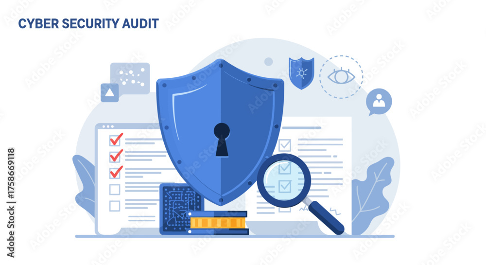 Cyber security audit concept with shield and digital elements for data ...