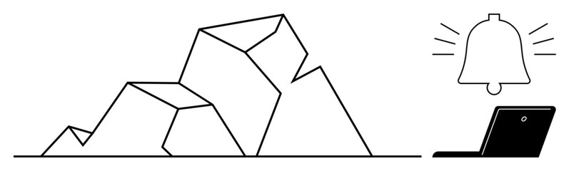 Geometric mountain beside a notification bell and laptop, combining concepts of challenges, solutions, digital communication, and reminders. Ideal for productivity, goals, tech, alerts