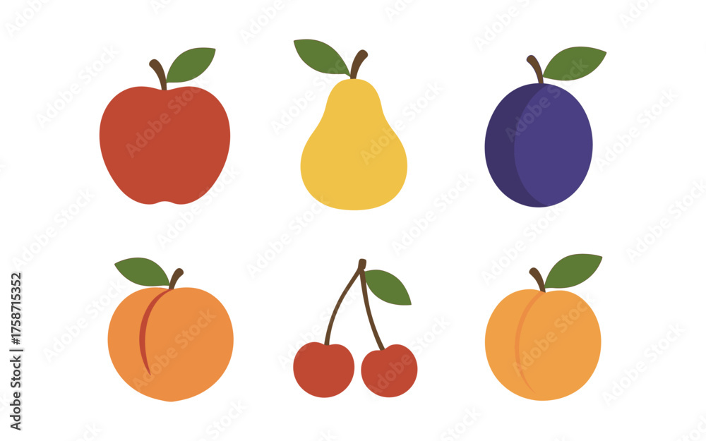Colorful collection of flat fruit icons featuring apple, pear, plum, peach, cherries, and apricot
