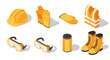 © chriesenda - Isometric illustration of safety equipment including hard hat, gloves, goggles, vest, boots, and canister.